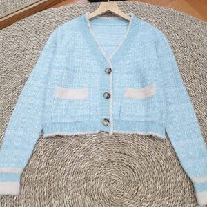 Baby Blue Tweed Knit Cardigan White Fluffy Trim Chanel Style